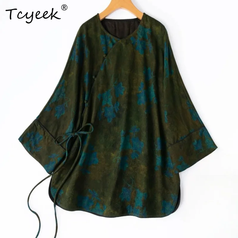 Tcyeek 100% Real Silk Blouses for Women 2026 Spring New Style Vintage Blue Lotus Print Loose Shirts Woman Clothing Chemise Femme - AliExpress Shirts & Blouses