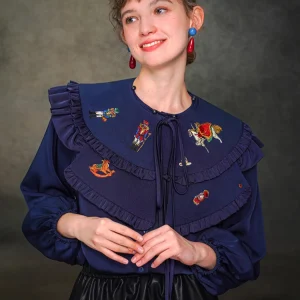 117-125cm Bust Spring Fall Blue Shirts Original Design Women Vintage Elegant Loose Embroidery Detachable Collar Shirts/Blouses - AliExpress Shirts & Blouses