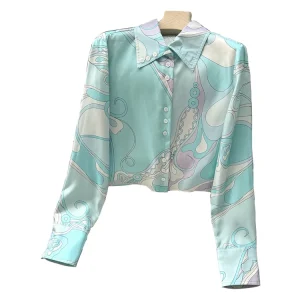 Spring Summer Fashion Geometric Print Silk Short Style Casual Blouses Women's Turn-down Collar Long Sleeve Single Breasted Shirt - AliExpress Shirts & Blouses