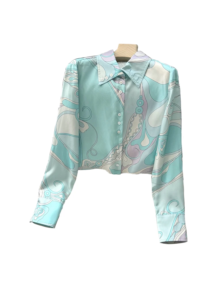 Spring Summer Fashion Geometric Print Silk Short Style Casual Blouses Women's Turn-down Collar Long Sleeve Single Breasted Shirt - AliExpress Shirts & Blouses