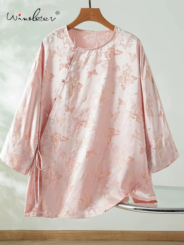 Winsleter-100%Real Silk Elegant Shirt, O Neck Butterfly Jacquard, Women Retro Design Sense Loose Blouse, 2026 Summer T65367CC - AliExpress Shirts & Blouses