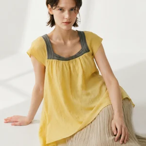 French Style Loose Fit Cotton Linen Blend Backless Collar Shirt with Fleece Sleeves And Color Block Design Women's Summer Top - AliExpress Shirts & Blouses