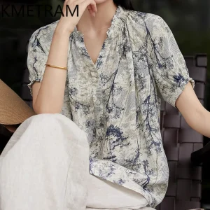 KMETRAM 100% Real Mulberry Silk Shirt Women Floral Print Summer Tops Ruffled V-Neck Casual Blouse New Woman Clothing 2026 блузка - AliExpress Shirts & Blouses
