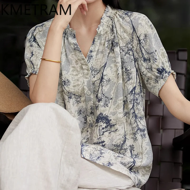KMETRAM 100% Real Mulberry Silk Shirt Women Floral Print Summer Tops Ruffled V-Neck Casual Blouse New Woman Clothing 2026 блузка - AliExpress Shirts & Blouses