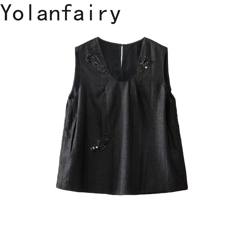 YOLANFAIRY 100% Mulberry Silk Xiangyunsha Tank Tops Woman U‑Neck Beaded Embroidery Sleeveless Blouse Loose Elegant Women's Tanks - AliExpress Shirts & Blouses