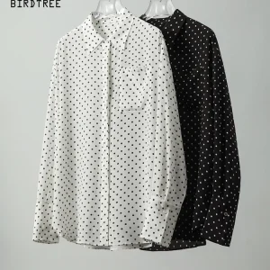 BirdTree-100%Real Silk Elegant Shirt, Long Sleeve Dot Print, Women French Temperament Commute Blouse, 2026 Spring New T62902CC - AliExpress Shirts & Blouses