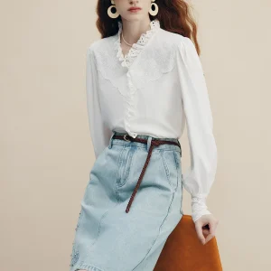 French Style White Lace Embroidery Loose Stand Collar Shirt Women's Retro Wood Grain  2026 Court Style Loose Fit Shirt - AliExpress Shirts & Blouses