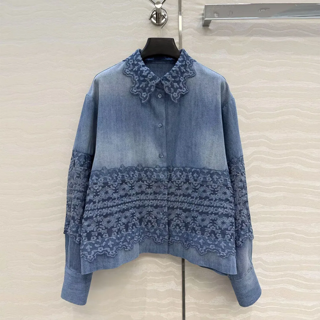 High Quality 100% Cotton Vintage Blue Denim Shirts Women Lace Patchwork Lapel Long Sleeve Loose Casual Blouse - AliExpress Shirts & Blouses