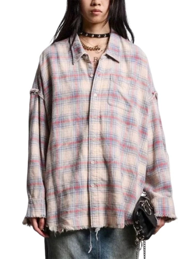 Gray Plaid Loose Women's Shirt Tassel Trimmed Street Style Rockabilly Worn Resistant Cotton Long Sleeve Collar Mid-Length - AliExpress Shirts & Blouses