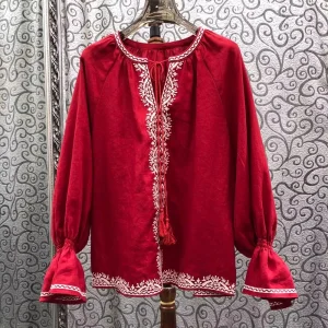 Top Quality New Linen Blouse 2026 Spring Designer Fashion Women Luxurious Embroidery Flare Sleeve Casual Loose Red Blue Shirts - AliExpress Shirts & Blouses