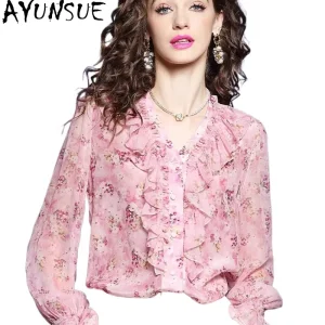 AYUNSUE 2026 Spring New Women's 100% Mulberry Silk Shirt Ruffle Neck Floral Print Blouse Elegant Soft Long Sleeve Top 블라우스 - AliExpress Shirts & Blouses