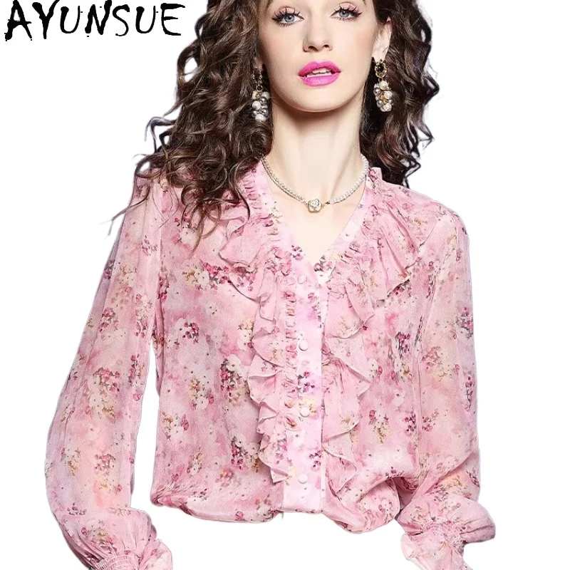 AYUNSUE 2026 Spring New Women's 100% Mulberry Silk Shirt Ruffle Neck Floral Print Blouse Elegant Soft Long Sleeve Top 블라우스 - AliExpress Shirts & Blouses