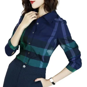 2023 Top Spring New Style Slim Fit Cotton Fashion Top Turquoise Plaid Shirt Women - AliExpress Shirts & Blouses