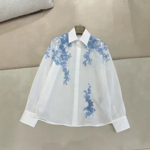 New Summer Women Shirt with Blue Floral Embroidery - AliExpress Shirts & Blouses