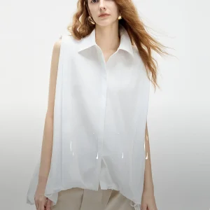 Elle White Design Sense Shirt Women's Summer New Fashion Casual Unique Blouse Sleeveless Turn-down Collar Cotton Blend Elastic - AliExpress Shirts & Blouses