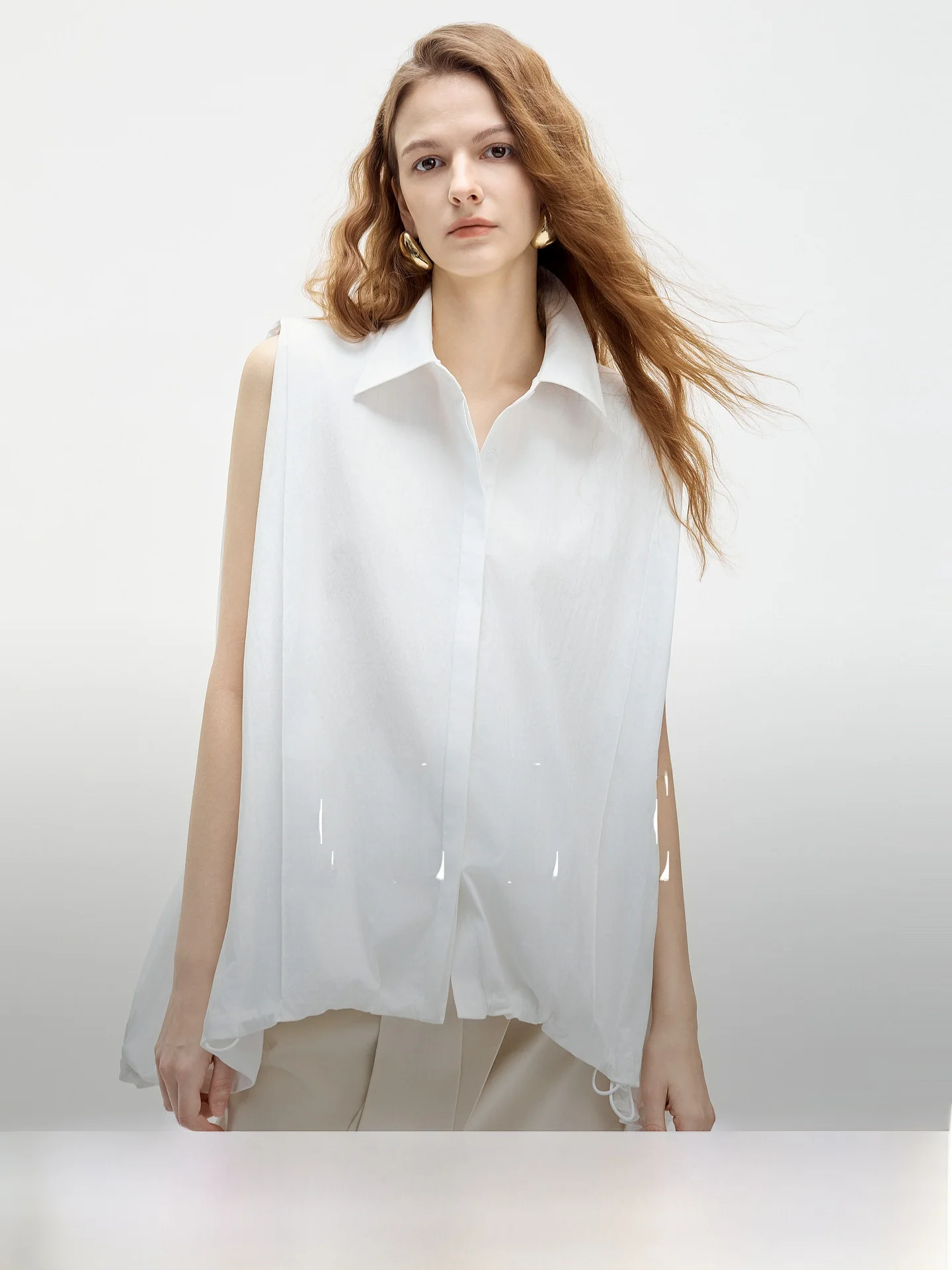 Elle White Design Sense Shirt Women's Summer New Fashion Casual Unique Blouse Sleeveless Turn-down Collar Cotton Blend Elastic - AliExpress Shirts & Blouses