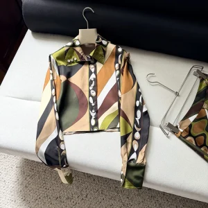 Spring Summer Fashion Vintage Geometric Print Silk Short Style Blouses Women's Turn-down Collar Long Sleeve Slim Shirt - AliExpress Shirts & Blouses