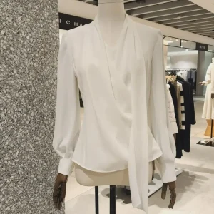 Ele V-Ne Slimming Silk Chiffon Blouse with Saes Commuter Friendly Faionable Top for Women in 2025 Autumn Collection - AliExpress Shirts & Blouses