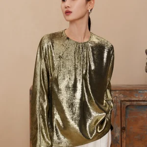 Gold Embellished round Neck Shirt Women's Vintage Chinese Style Loose Fit Long Sleeve Button up Epitome of Elegance Spring New - AliExpress Shirts & Blouses