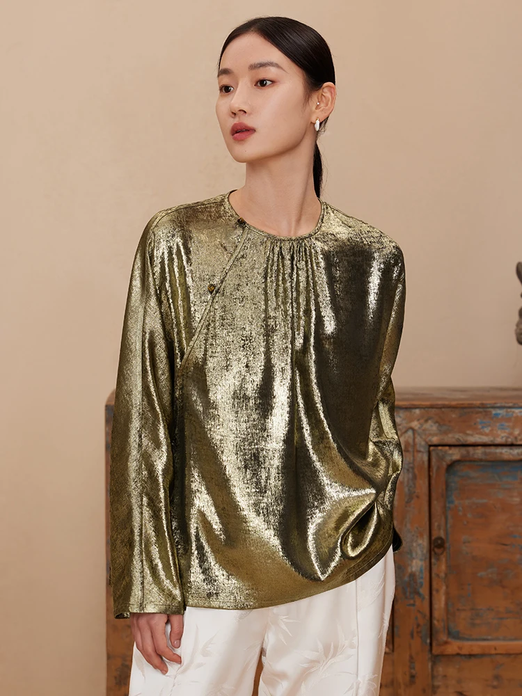 Gold Embellished round Neck Shirt Women's Vintage Chinese Style Loose Fit Long Sleeve Button up Epitome of Elegance Spring New - AliExpress Shirts & Blouses