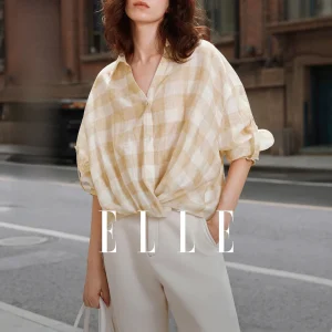 ELLE Autumn 2026 Women's Shirt Gingham Design Knot Twist Linen Top Commute Style Loose Fit Long Sleeve V-Neck Short Length - AliExpress Shirts & Blouses