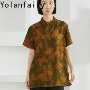 YOLANFAIRY Women Gambiered Silk T-shirt 100% Mulberry Silk Short Sleeve Top Loose Casual Frog Buttons Silk Blouse Mid Length - AliExpress Shirts & Blouses