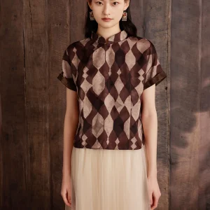 Slim Fit Printed Shirt Women's Summer New Style Waist Cinching Diamond Geometric Pattern Stand Collar Short Sleeve Casual Shirt - AliExpress Shirts & Blouses