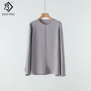 Birdtree,30MM 100%  Silk Solid Blouse,Women's Heavy Crepe O-neck Pullover,Full Sleeve Shirt,2025 Autumn New T5D640JF - AliExpress Shirts & Blouses