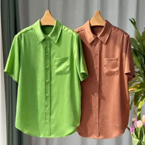 100% Mulberry Silk Blouse Women 20MM Sand Wash Satin Short Sleeve Shirt French Loose Silk Top Luxury Elegant Summer Office Wear - AliExpress Shirts & Blouses