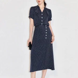 Polka Dot Print Blouse Skirt Set with Bubble Sleeves And Lace Collar Polyester Fiber V-neck Short Sleeve Women's Fashion - AliExpress Shirts & Blouses