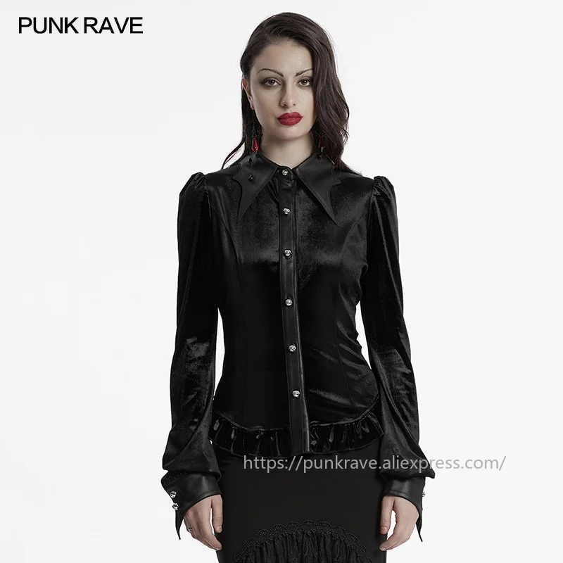PUNK RAVE Women's Gothic Bat Collar Exquisite Carved Floral Patterns Velvet Shirt Adjustable Waist Ruffled Edges Hem Tops - AliExpress Shirts & Blouses