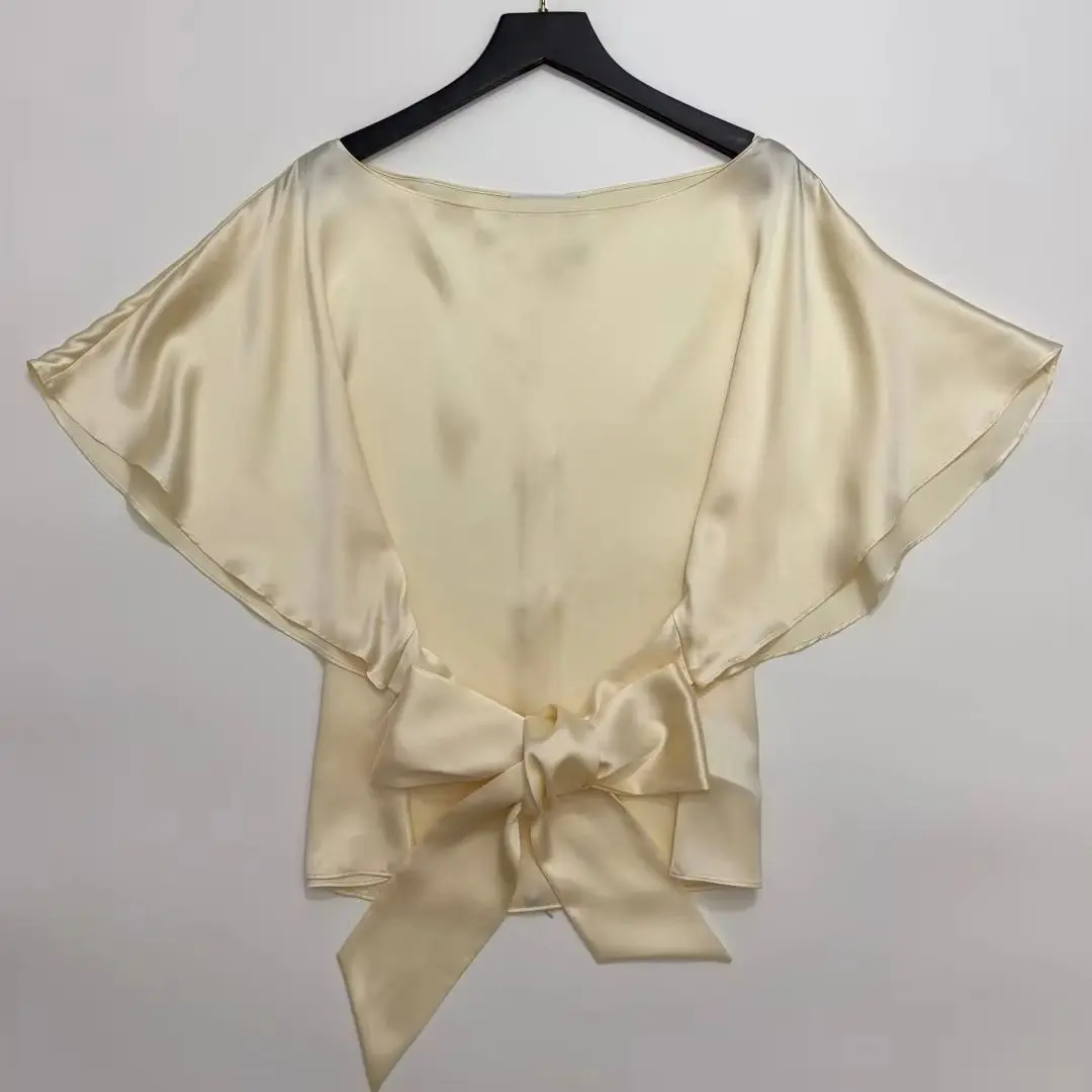 2026 New Women 100% Silk Satin Shirt Back Lace-up Flare Sleeve Boat Neck 2-Color Fashion Loose Blouse - AliExpress Shirts & Blouses