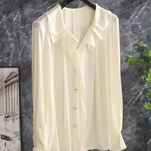 Super Stylish Silk Shirt Geometric Pleated Asymmetrical Collarfrench Style Pure Color Breathable Long Sleeve Women's Top - AliExpress Shirts & Blouses