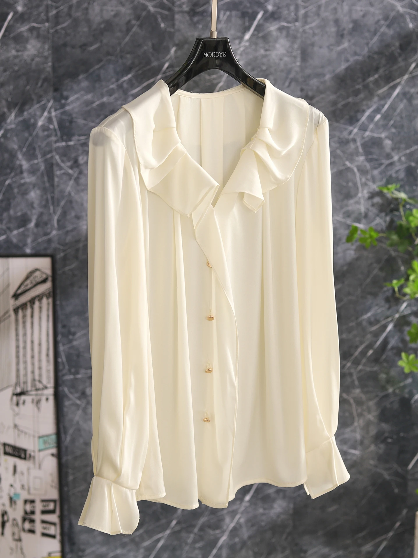 Super Stylish Silk Shirt Geometric Pleated Asymmetrical Collarfrench Style Pure Color Breathable Long Sleeve Women's Top - AliExpress Shirts & Blouses