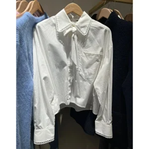 French Style Loose Fit Long Sleeve Shirt with Lace  Knot Necktie Spring Summer New Arrival Women's Fashion Top - AliExpress Shirts & Blouses