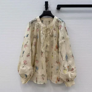 High Quality 100% Linen Loose Shirt Women Lace-up O-neck Lantern Sleeve Embroidery Floral Sweet Girl Beach Style Designer Blouse - AliExpress Shirts & Blouses