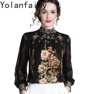 YOLANFAIRY 100% Real Mulberry Silk Blouses for Women Light Luxury Vintage Shirts Female Elegant Printed Long Lace Sleeves Shirt - AliExpress Shirts & Blouses
