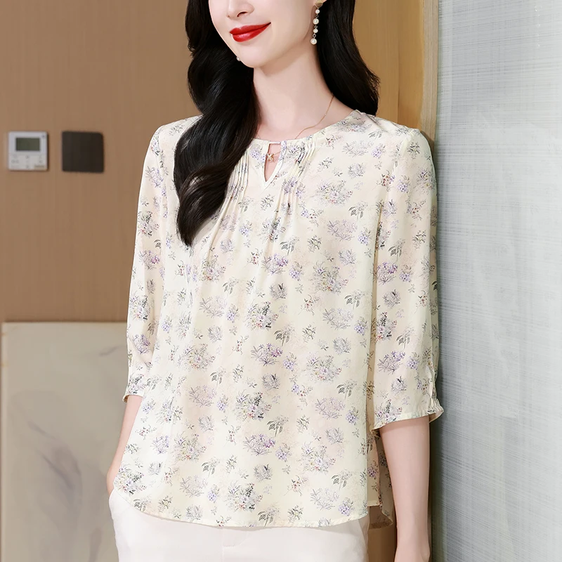 New Elegant Blouses for Women Summer Shirts V-neck Three Quarter Sleeve Woman Floral Print Blouse 100% Real Silk Shirt Loose - AliExpress Shirts & Blouses