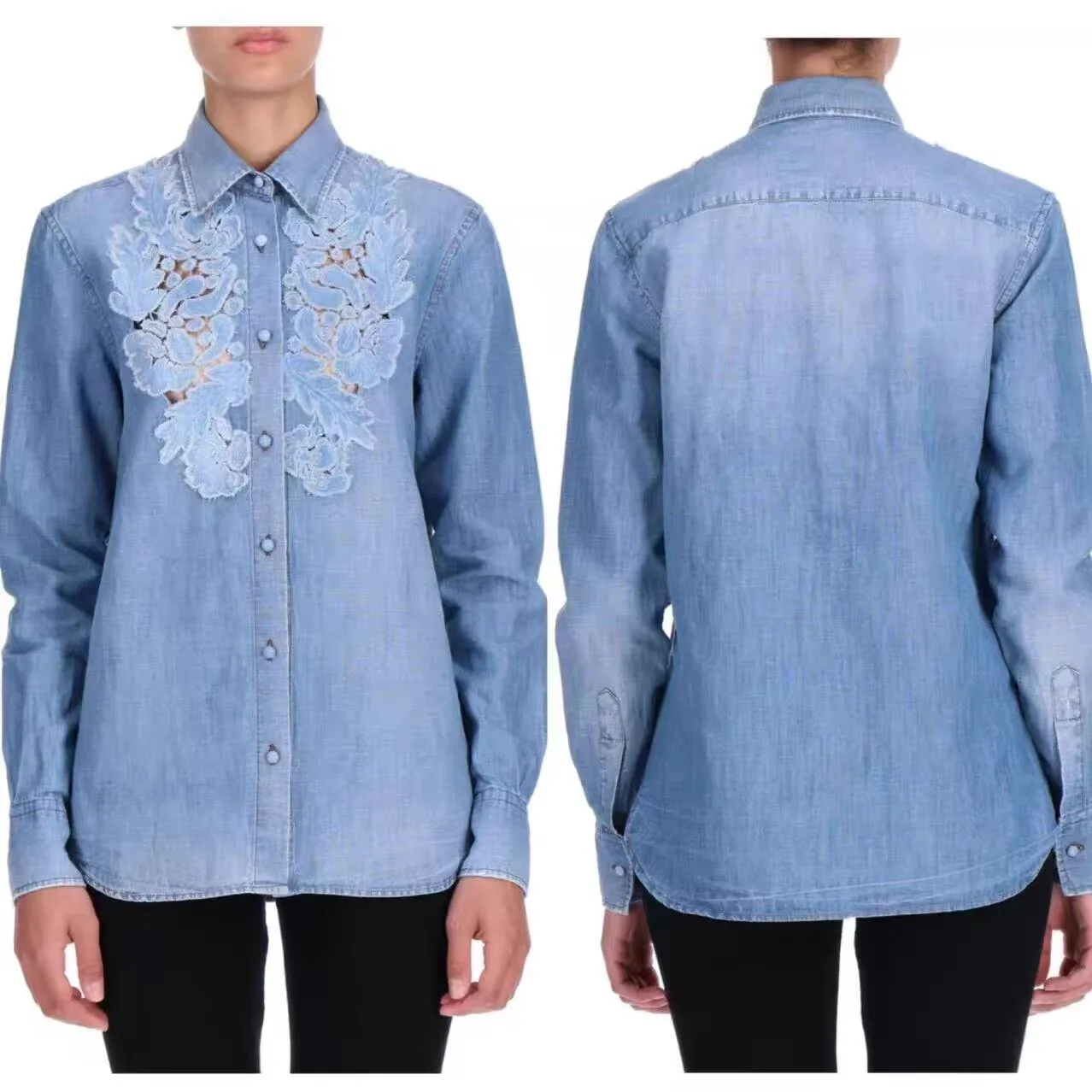 Blue Washed Denim Blouse For Women Lapel Long Sleeve Floral Lace Embroidery Casual Shirt Loose Daily Tops - AliExpress Shirts & Blouses