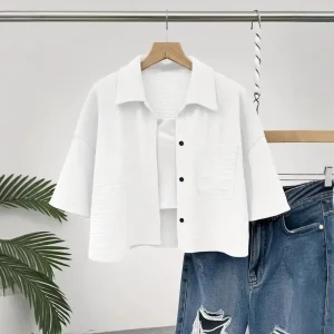 Lightweight Shirt Tops Women’s Half Sleeve Shirt Tops Single Breasted Lapel Stand Collar Blouses with Patch Pocket Short Style - AliExpress Shirts & Blouses