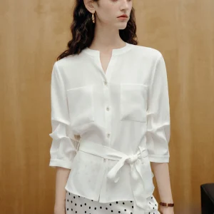 Adjustable Tie Waist Long Sleeve Bubble Sleeve Shirt Women's Fashion French Style Polyester Fiber Straight Cut Office Commute... - AliExpress Shirts & Blouses