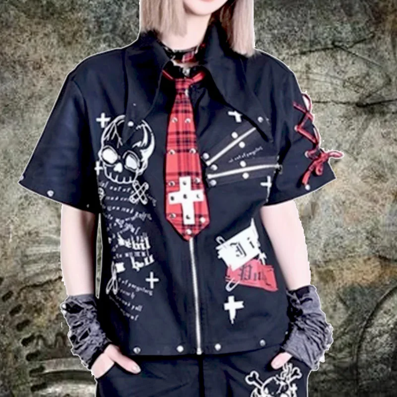 2026 Summer Womens Kill Matt Rock Punk Mens Clothes Japanese Graffiti Skull Clothing Rivet skull pattern short-sleeved shirt - AliExpress Shirts & Blouses