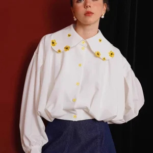 86-94cmBust SpringFall Short White Shirts OriginalDesign Women Vintage Elegant Exquisite Embroidery Yellow Flowers Black Blouses - AliExpress Shirts & Blouses