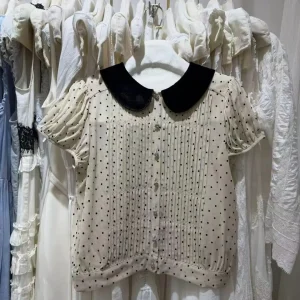Velvet Patchwork Women's Fashion Blouse Top Polka Dot Print Peter Pan Collar Puff Sleeve Single Breasted Elegant Shirt - AliExpress Shirts & Blouses