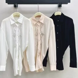 Luxury Lace Patchwork Rayon Shirt Women Elegant Turn-Down Collar Button Up Blouse Chic White Beige Black Long Sleeve Silk Tops - AliExpress Shirts & Blouses