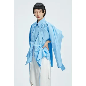 Blue White Asymmetrical Shirt Women's Two-Way Wear Drawstring Waist Original Design Sensation Cotton Long Sleeve Slim Fit - AliExpress Shirts & Blouses