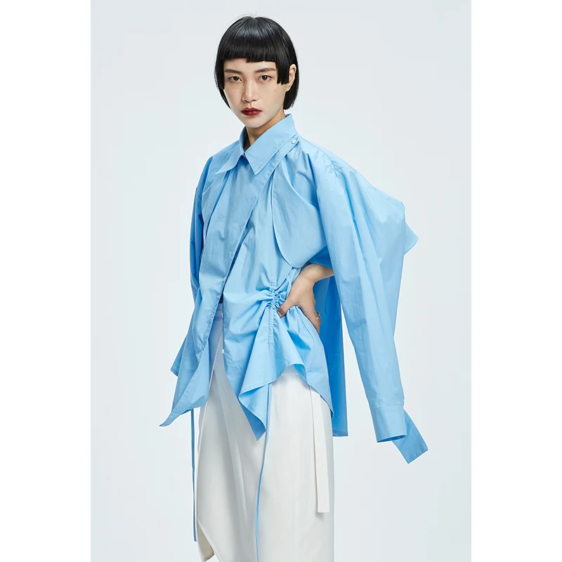 Blue White Asymmetrical Shirt Women's Two-Way Wear Drawstring Waist Original Design Sensation Cotton Long Sleeve Slim Fit - AliExpress Shirts & Blouses