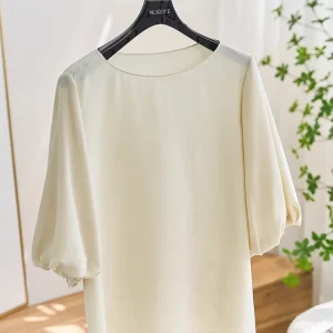 Chic Bubble Sleeve Shirt Silk  3D Tailored Short Sleeve Women's Summer Top Commute Simple Style Straight Cut Pure Color - AliExpress Shirts & Blouses
