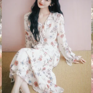 Zhaoda Xi Silk Set Romantic Style Long Sleeve V-Neck Gown with Half Skirt And Top Spring Floral Print Women's Premium Fashion - AliExpress Shirts & Blouses