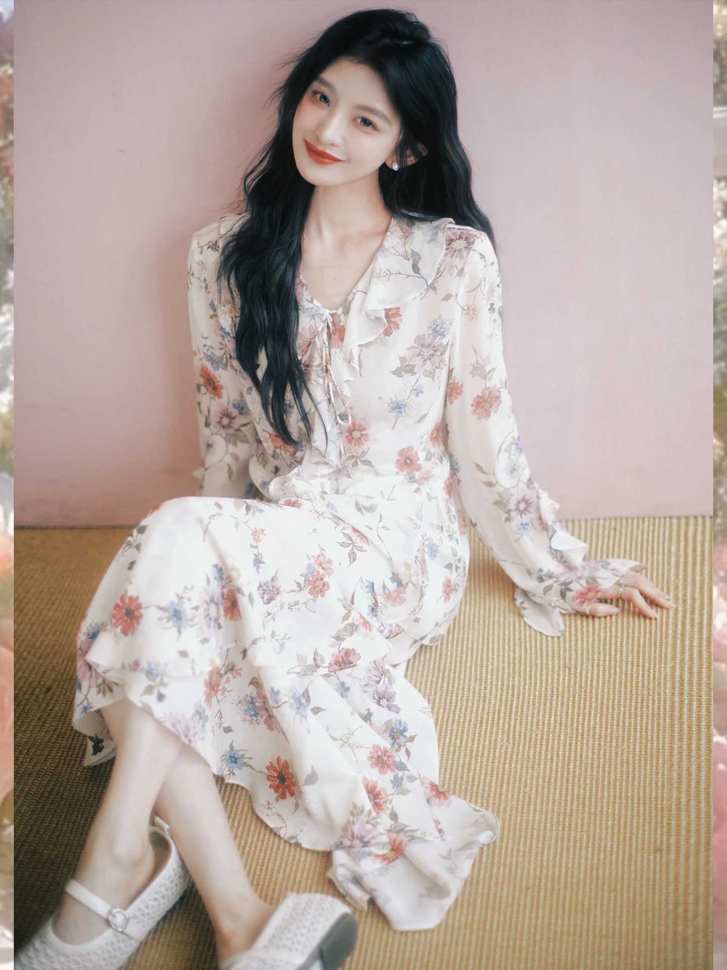 Zhaoda Xi Silk Set Romantic Style Long Sleeve V-Neck Gown with Half Skirt And Top Spring Floral Print Women's Premium Fashion - AliExpress Shirts & Blouses